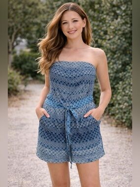 Diane Von Furstenberg Silk Strapless Romper Blue White Print Size 0